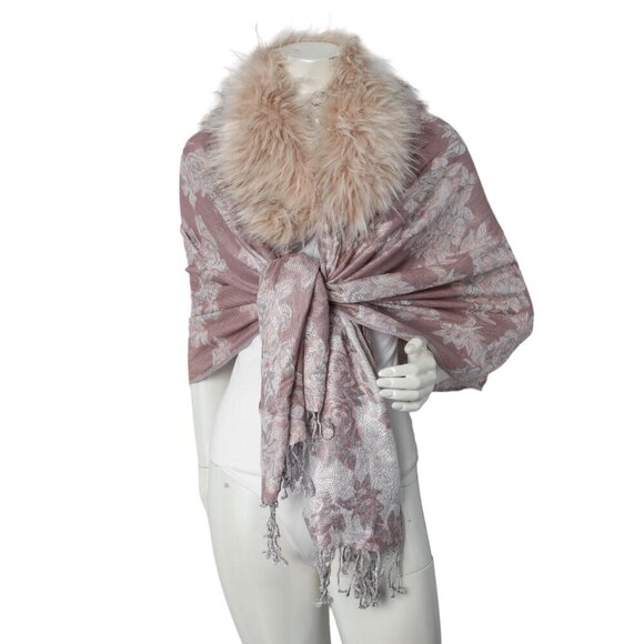 Jessica McClintock Faux Fur Collared Cape Floral Shawl Wrap Waterfall Pink Cream - Picture 12 of 12